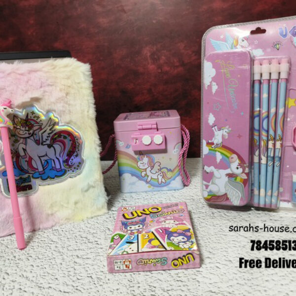 Unicorn Magic Combo: Notebook, Pen, Pencil Box & Uno Cards!